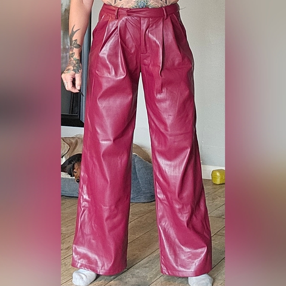 Red Faux Leather Boot Cut Pants - Picture 3 of 9